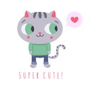 Super cute gray cat in jeans and sweater with speech bubble and heart illustration