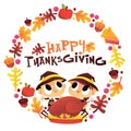 Super Cute Happy Thanksgiving Pilgrim Boy Girl Wreath Royalty Free Stock Photo