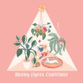 Super cute Hygge Christmas home chill out scene with hot drinks, home plants and a white cat vector illustration.