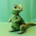 Super Cute Knitted Basilisk Toy On Green Background