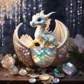 Super cute little white dragon in a cradle in a fairy room with crystal curtains and precious stones. cartoon character