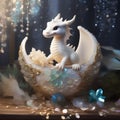 Super cute little white dragon in a cradle in a fairy room with crystal curtains and precious stones