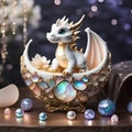 Super cute little white dragon in a cradle in a fairy room with crystal curtains and precious stones. Fantastic monsters