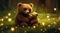 Super cute mama bear sitting on the green grass and hugging baby bear. Happy mother\'s day card. AI generated image Royalty Free Stock Photo