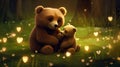 Super cute mama bear sitting on the green grass and hugging baby bear. Happy mother\'s day card. AI generated image Royalty Free Stock Photo