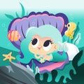 Super Cute Mermaid Lying Down Giant Shell Underwater