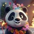 super cute panda with big bright eyes, wearing flowers and colorful garlands