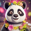 super cute panda with big bright eyes, wearing flowers and colorful garlands