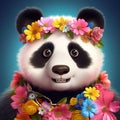 super cute panda with big bright eyes, wearing flowers and colorful garlands