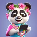 super cute panda with big bright eyes, wearing flowers and colorful garlands