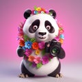 super cute panda with big bright eyes, wearing flowers and colorful garlands