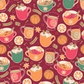 Super cute red Hygge Christmas hot drinks and spices seamless vector repeat pattern background.