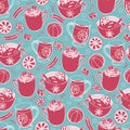 Super cute red and white Hygge Christmas hot drinks and spices seamless vector repeat pattern on turquoise background.