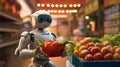 Super cute Robot in the supermarket buying vegetables. Delivery concept. AI generated image