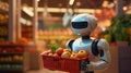 Super cute Robot in the supermarket buying vegetables. Delivery concept. AI generated image