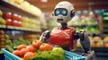 Super cute Robot in the supermarket buying vegetables. Delivery concept. AI generated image