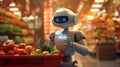 Super cute Robot in the supermarket buying vegetables. Delivery concept. AI generated image