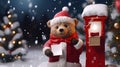 Super cute Teddy bear in Santa hat with gift box. AI generated image Royalty Free Stock Photo