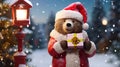 Super cute Teddy bear in Santa hat with gift box. AI generated image Royalty Free Stock Photo