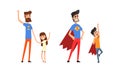 Super Dad and His Child Spending Time Together Playing Superhero and Waving Hand Vector Set