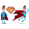 Super dad. A thin man in a superhero costume. A tall man in blue tights with a red cloak