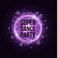 Super dance party. Glowing neon magical banner made of neon strips of purple dust. Bright violet flash. Glare bokeh and purple ray
