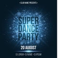 Super dance party. Luxurious invitation card. Blue flash with blue dust. Night party. Enter your DJ and club name. Poster for your