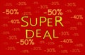 Super deal poster design, red color background with percents