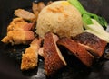 Super delicious Crispy Roasted peking Duck served with Hainan rice and crispy grilled pork belly, delicious oriental chinese Royalty Free Stock Photo