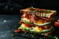 super delicious sandwich stack, with bacon, eggs and avocado, in black background. Royalty Free Stock Photo