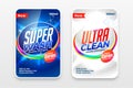Super detergent labels in blue and white colors