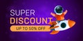 Super discount horizontal banner. Little kid in astronaut`s helmet riding on a flying rocket. Vector illustration of a happy boy