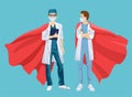 Super doctor and nurse wearing medical masks and capes, superhero couple. Doctors man and woman in superhero. Cartoon Royalty Free Stock Photo