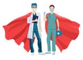 Super doctor and nurse wearing medical masks and capes, superhero couple. Doctors man and woman in superhero. Cartoon Royalty Free Stock Photo