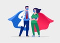 Super doctor and nurse wearing medical masks and capes, superhero couple, vector cartoon illustration Royalty Free Stock Photo