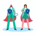 Super doctors with red hero cloak and shield vs covid19. Female and male superhero doctor. Protection against Royalty Free Stock Photo
