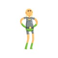 Super elderly man standing with arms akimbo. Funny toothless grandfather character in superhero costume with pants and