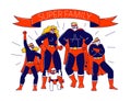 Super Family Concept. Characters Mother, Father, Son, Daughters and Little Baby Playing in Super Heroes