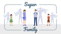 Super family vector banner template. Smiling family, excellent mother, father and kids with superhero shadow cartoon Royalty Free Stock Photo