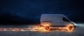 Super fast delivery of package service with van with wheels on fire Royalty Free Stock Photo