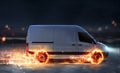 Super fast delivery of package service with van with wheels on fire