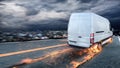 Super fast delivery of package service with van with wheels on fire. Royalty Free Stock Photo