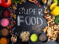 Super food selection. Various super foods and healthy foods Royalty Free Stock Photo