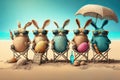 Super funny Easter Bunnies Cartoon in sunglasses with Easter eggs resting on the beach. Generative Ai