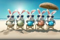 Super funny Easter Bunnies Cartoon in sunglasses with Easter eggs resting on the beach. Generative Ai
