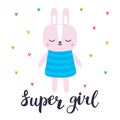 Super girl. Cute little bunny. Romantic card, greeting card or postcard. Illustration with beautiful fashion rabbit Royalty Free Stock Photo