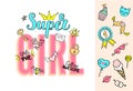 Super Girl lettering with girly doodles and hand drawn phrases for valentines day card design, girl`s t-shirt print.