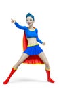 Super girl pointing the way in white background