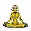 super gynoid in namaste yoga pose