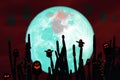 Super harvest moon and silhouette cactus tree in the desert on n